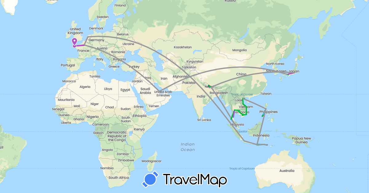 TravelMap itinerary: driving, bus, plane, train, hiking, boat, motorbike in France, Indonesia, Japan, Cambodia, Malaysia, Netherlands, Nepal, Philippines, Thailand, Vietnam (Asia, Europe)